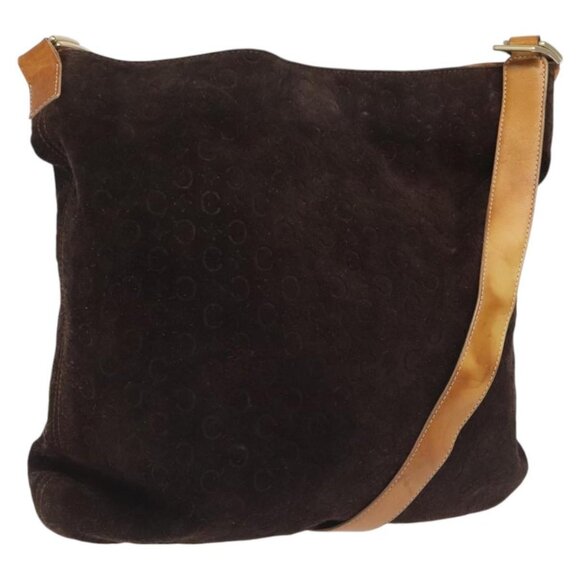 CELINE C Macadam Canvas Shoulder Bag Suede Leather Beige Brown gold Auth hk2165